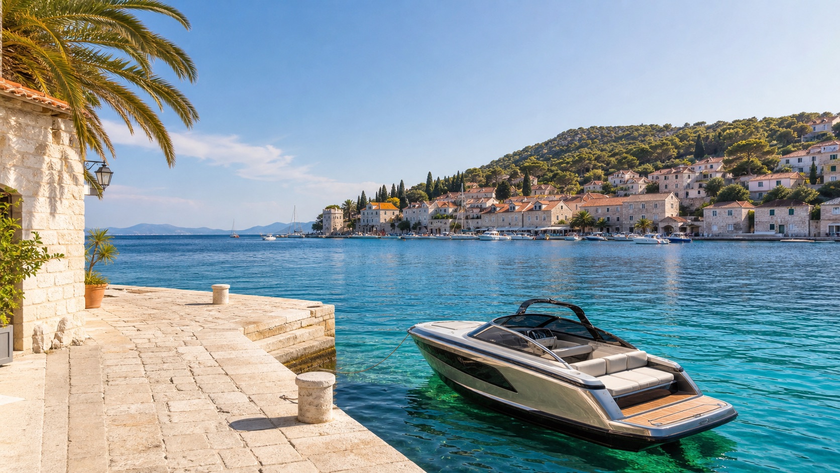 Private boat at a Dalmatian waterfront with clear Adriatic water