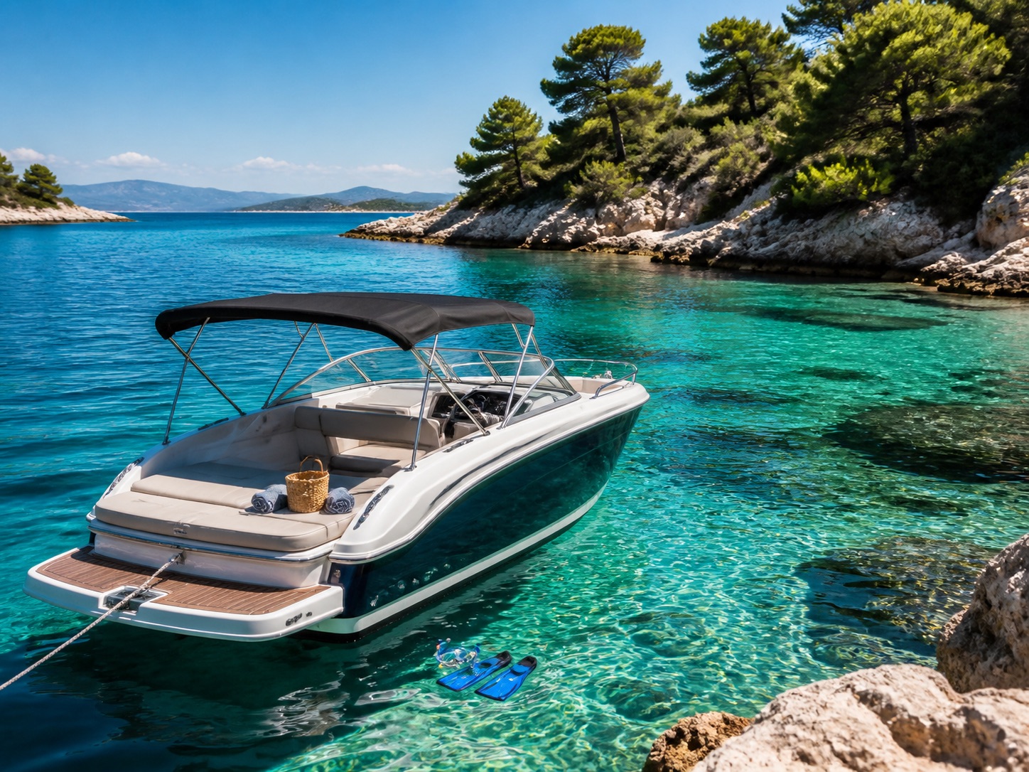 Private boat anchored in clear Croatian water near a limestone cove