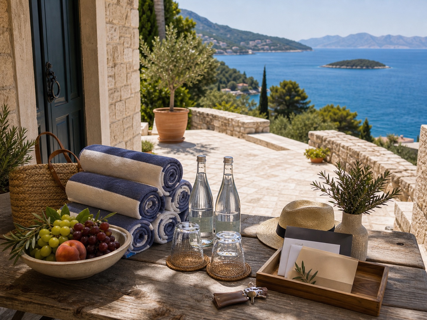 Croatian villa welcome setup with towels, water, fruit, and sea view