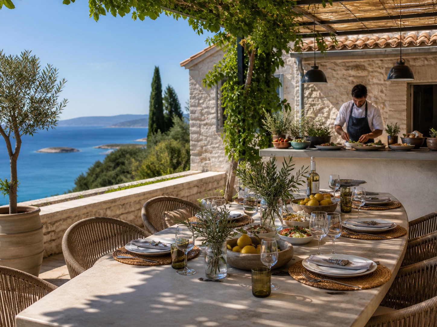 Chef preparing an outdoor villa meal on a sea-view terrace in Croatia