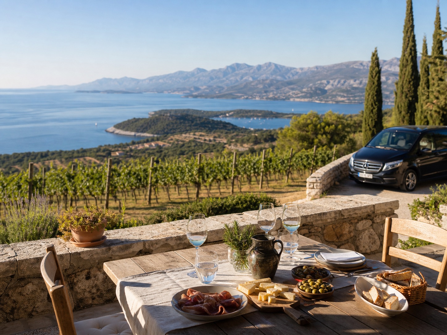 Dalmatian vineyard terrace with tasting table, driver, and sea view